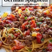 Chunky tomato sauce over spaghetti on a white plate with a title banner above.