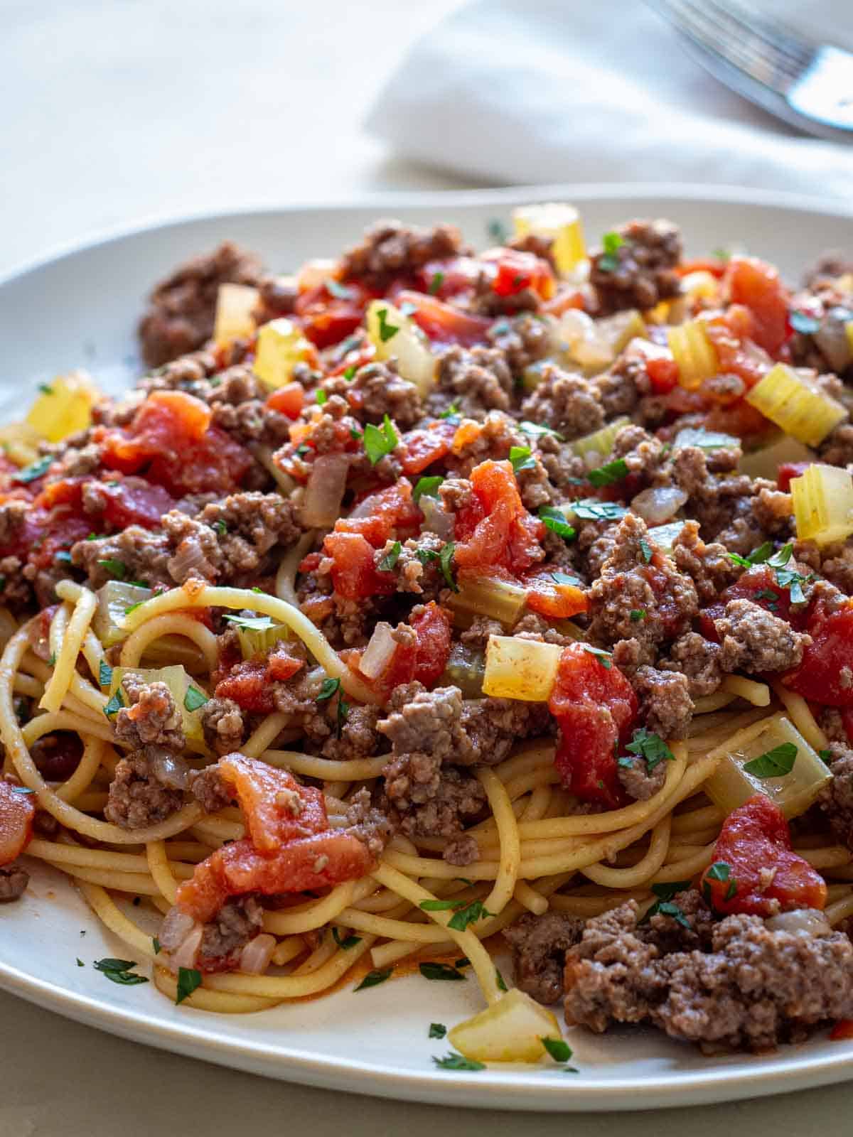 Oma's Spaghetti Chunky tomato sauce over spaghetti on a white plate.