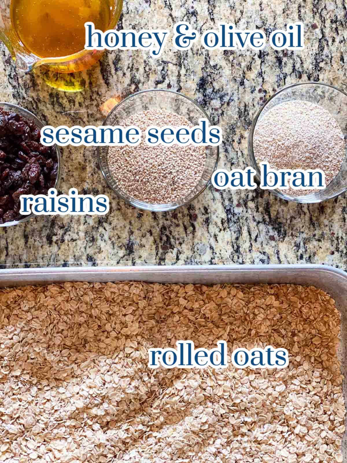Individual ingredients for honey granola recipe.