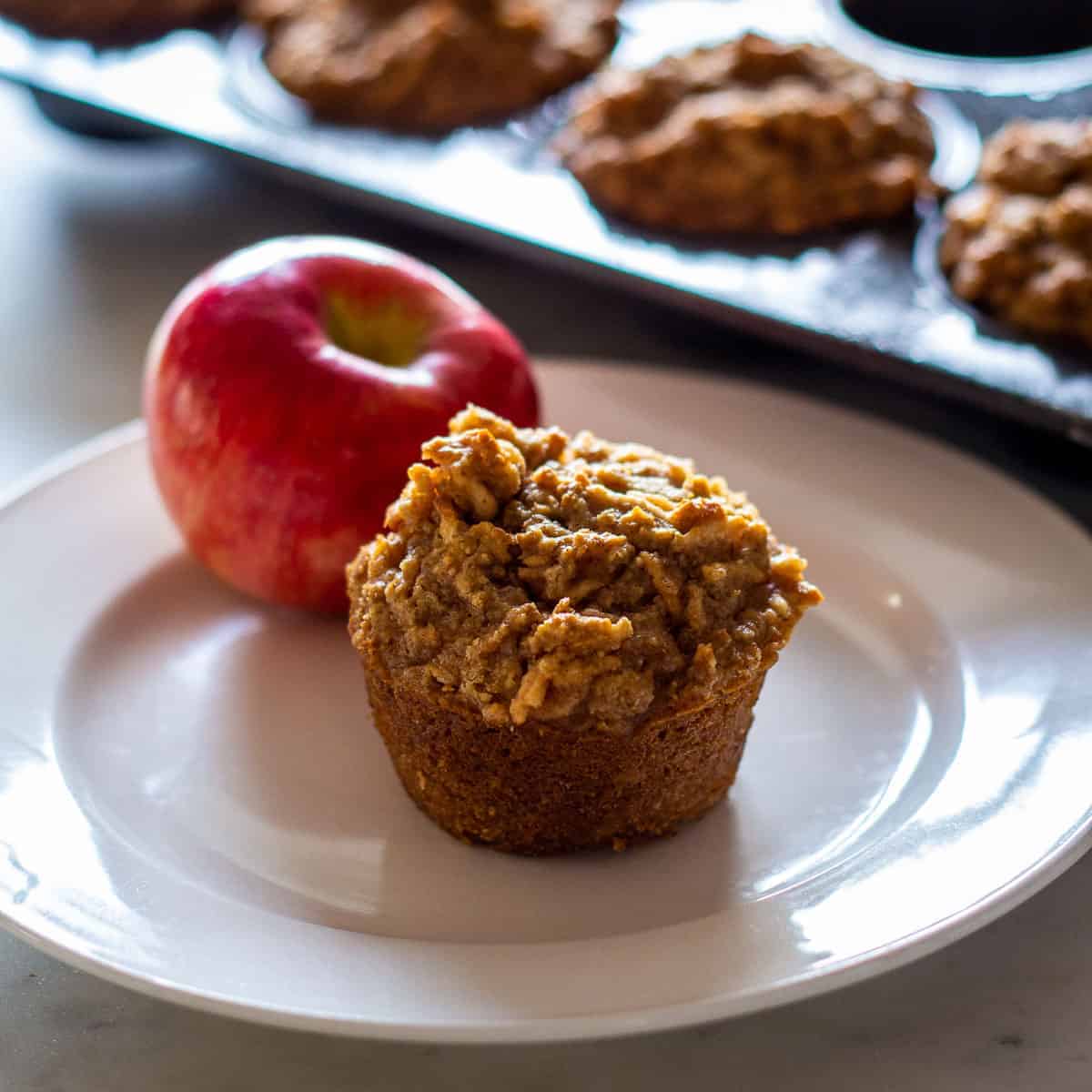 One fresh apple muffin placed on a white plate with an apple. Muffin tin filled with muffins is visible in background.