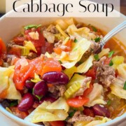 Image showing a white bowl of yummy beef and cabbage soup.