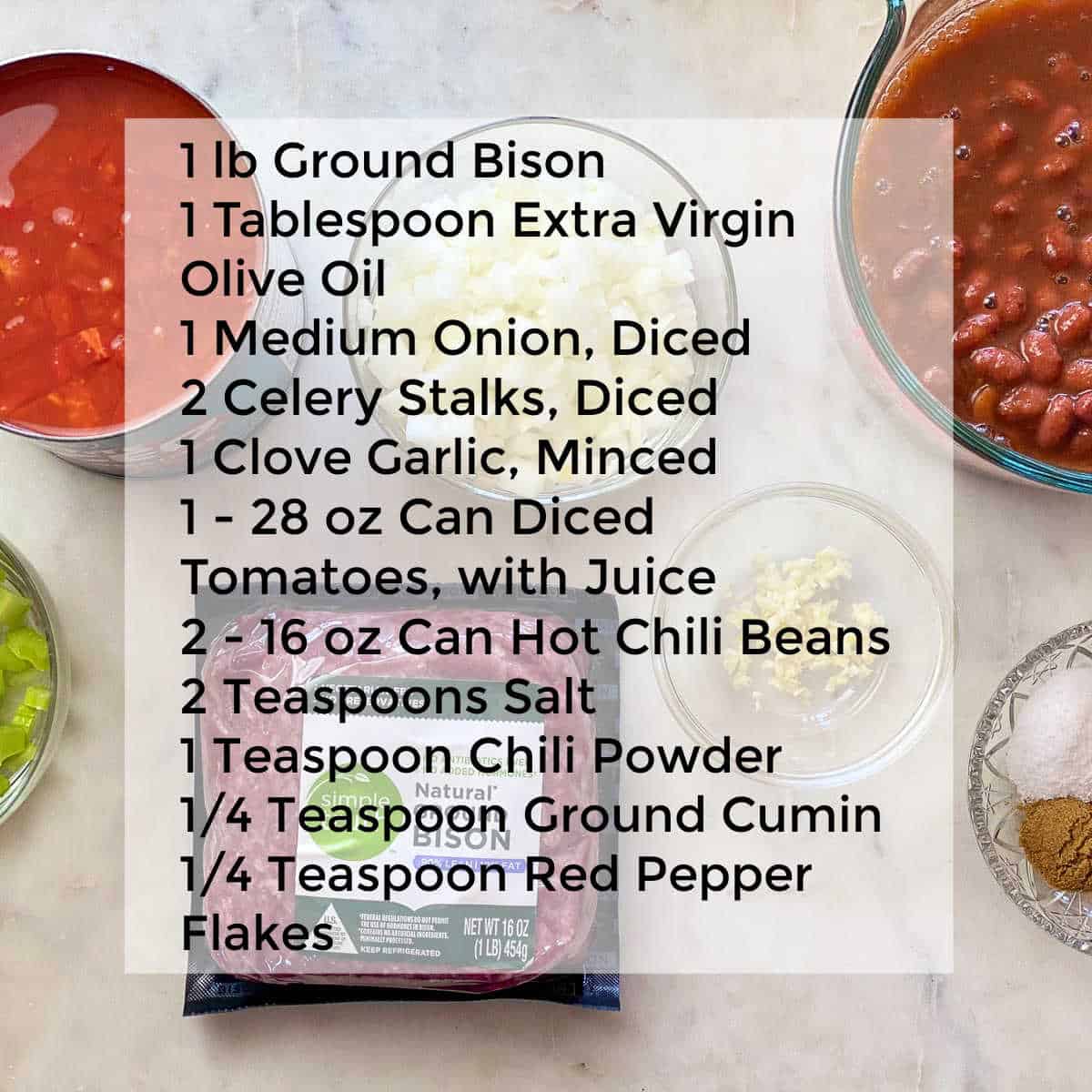 Photo of individual ingredients list for Bison Chili.