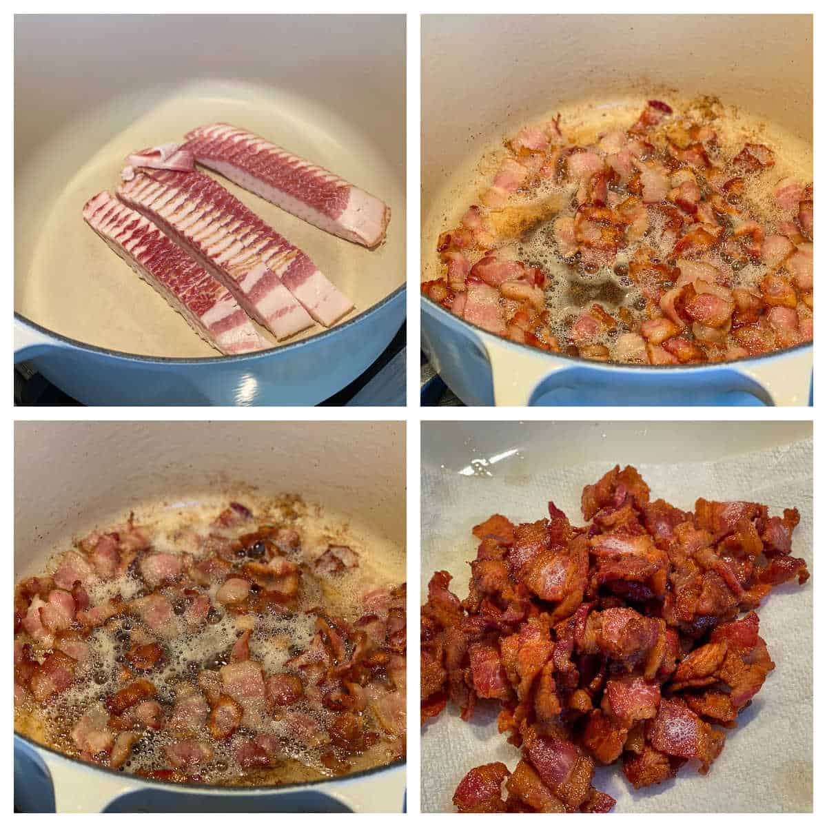 Process Collage showing steps to making bacon bits for potato soup.
