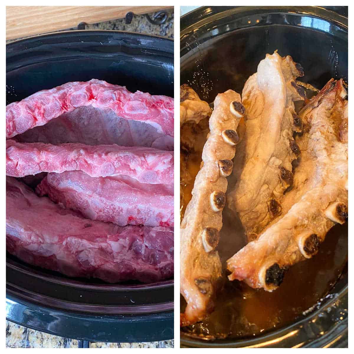 Dual Image showing Slow cooker ribs raw then cooked until tender in the crock pot.