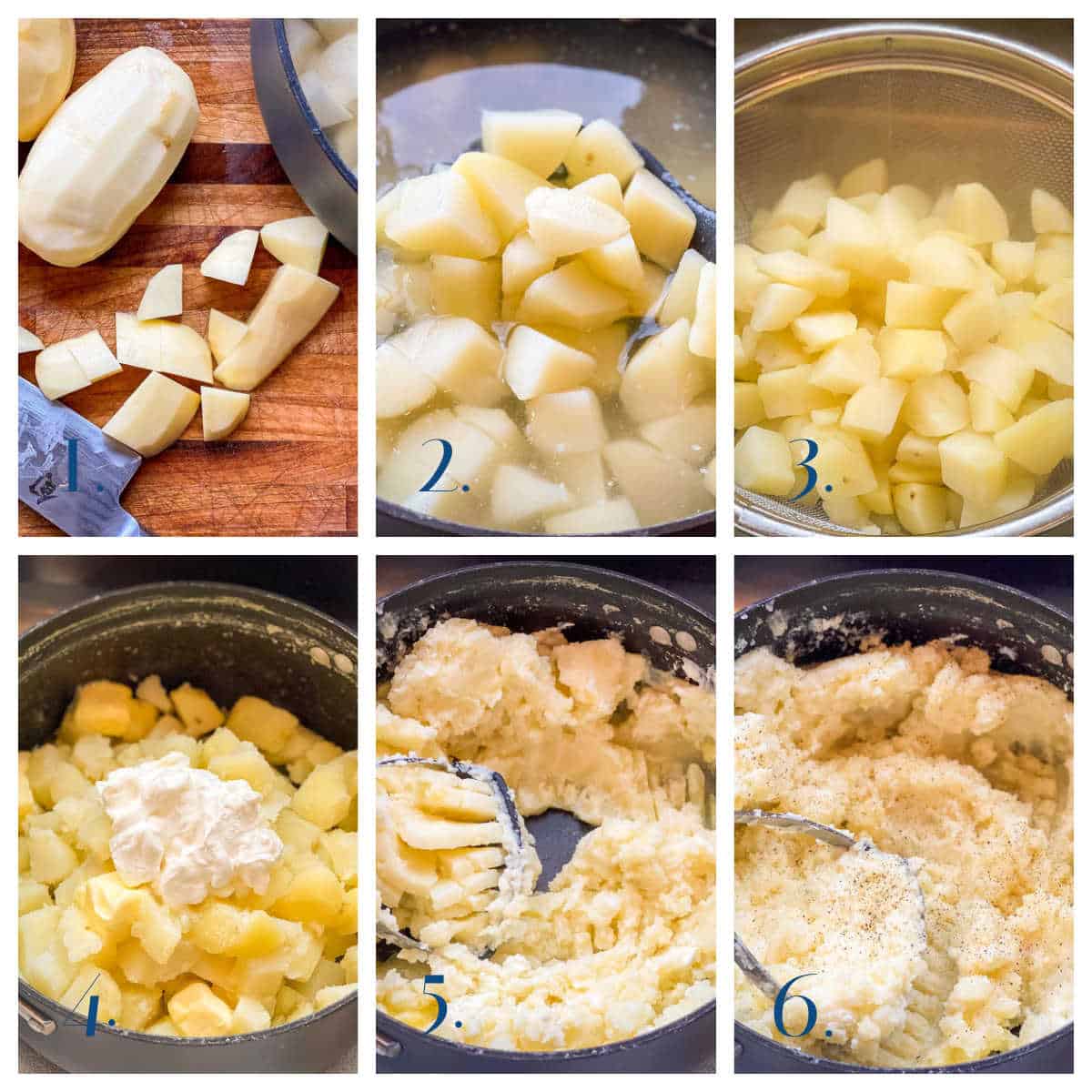 Process collage showing 6 steps of Mashed Potatoes Recipe.