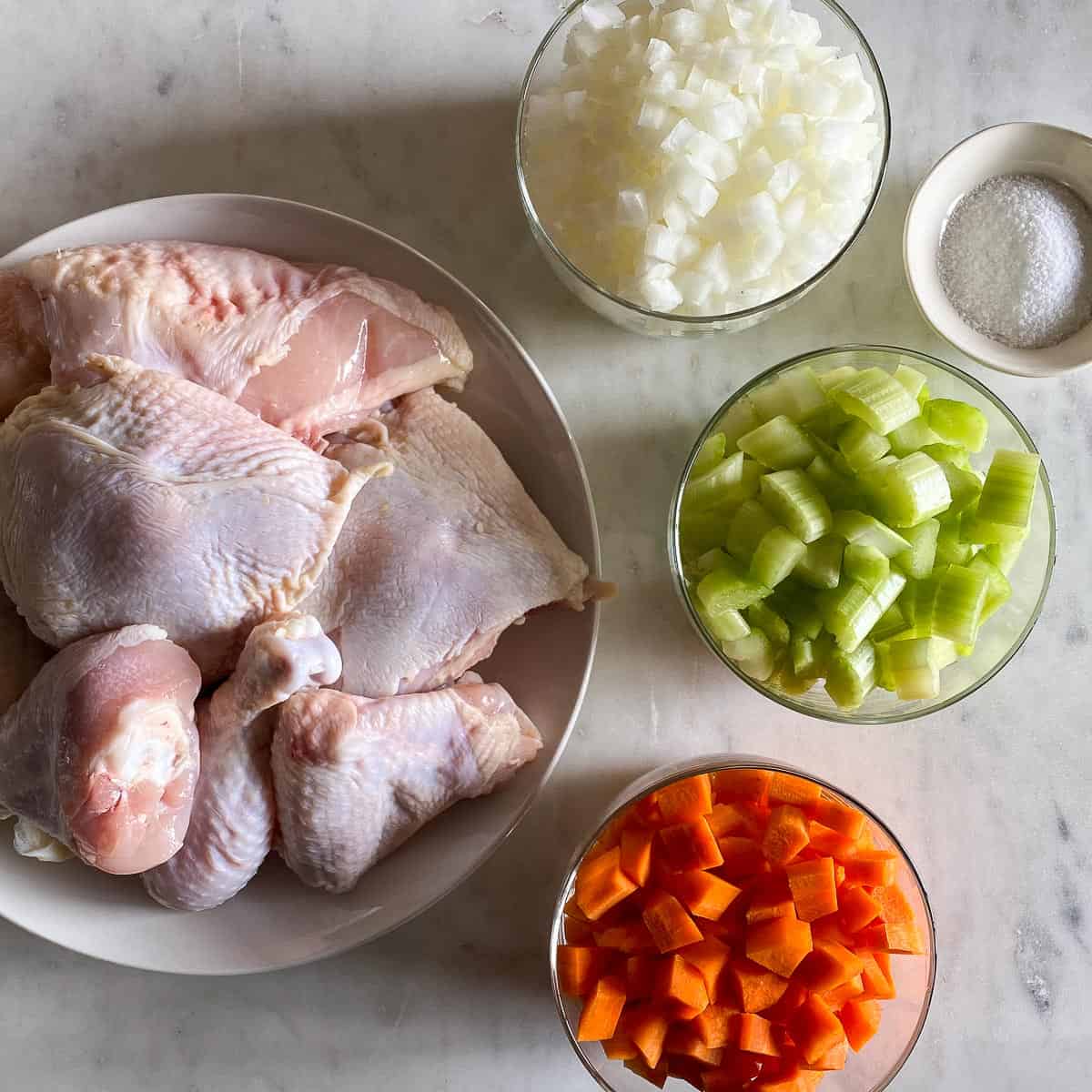 Image showing individual ingredients for Homemade Chicken Soup Recipe.