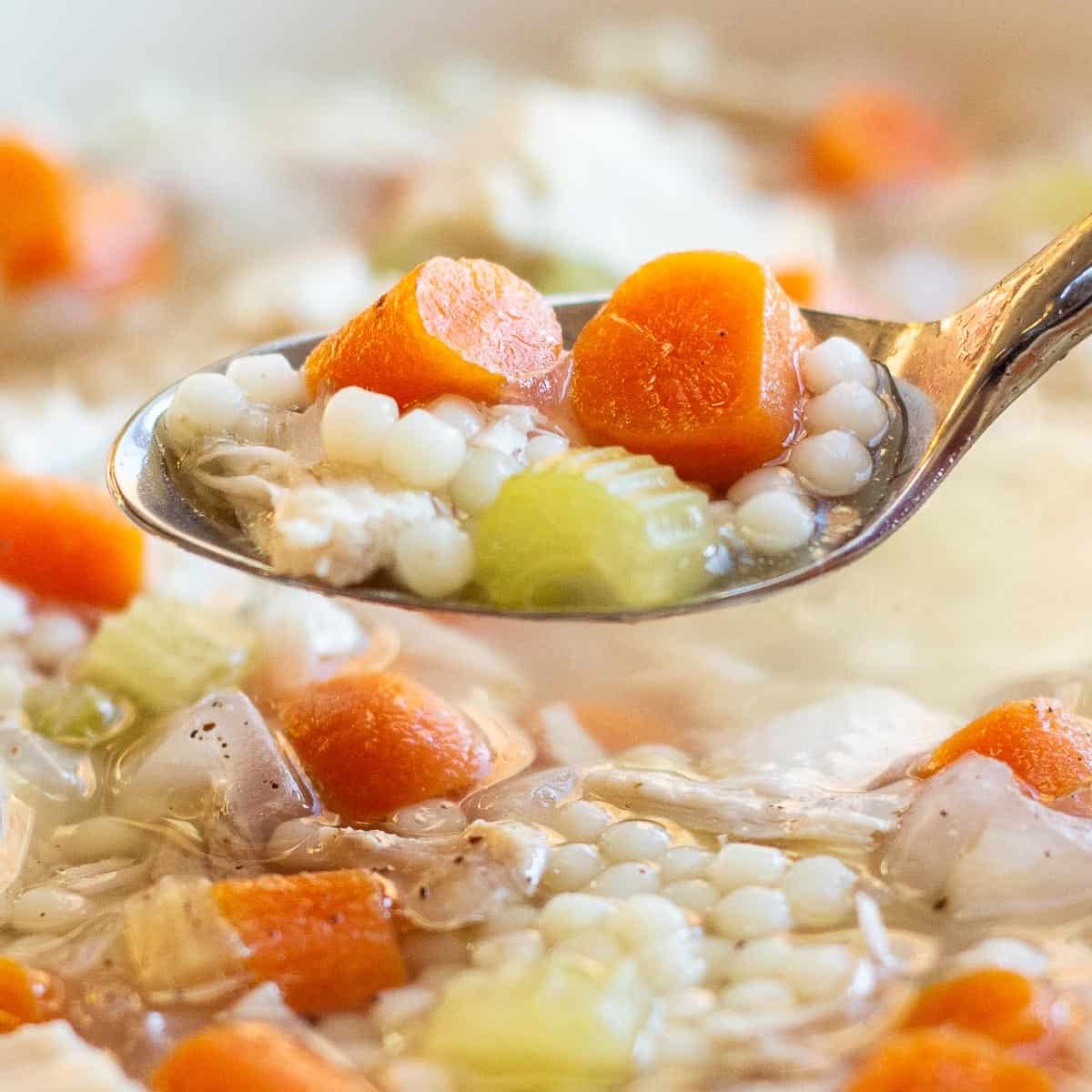 Image of a bowl of Instant Pot Chicken Soup with a spoonful raised.