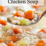 Image of Pinterest Pin with Banner Title Text above a bowl of Instant Pot Chicken Soup with a spoonful raised.