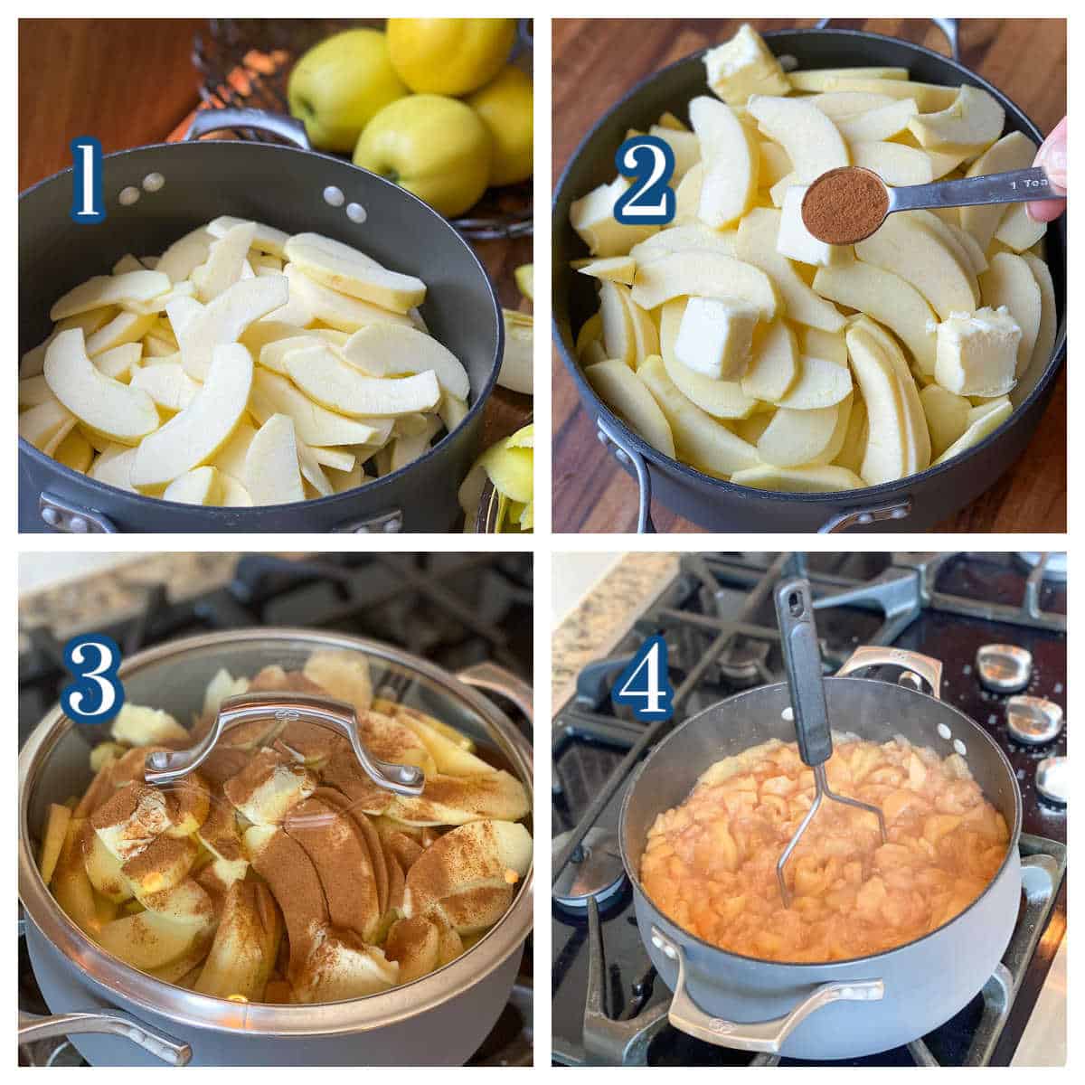 Process Collage showing 4 steps to make Homemade Applesauce.