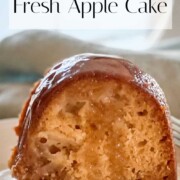 Slice of Old Fashioned Apple Cake with Bourbon Glaze pin with title banner.