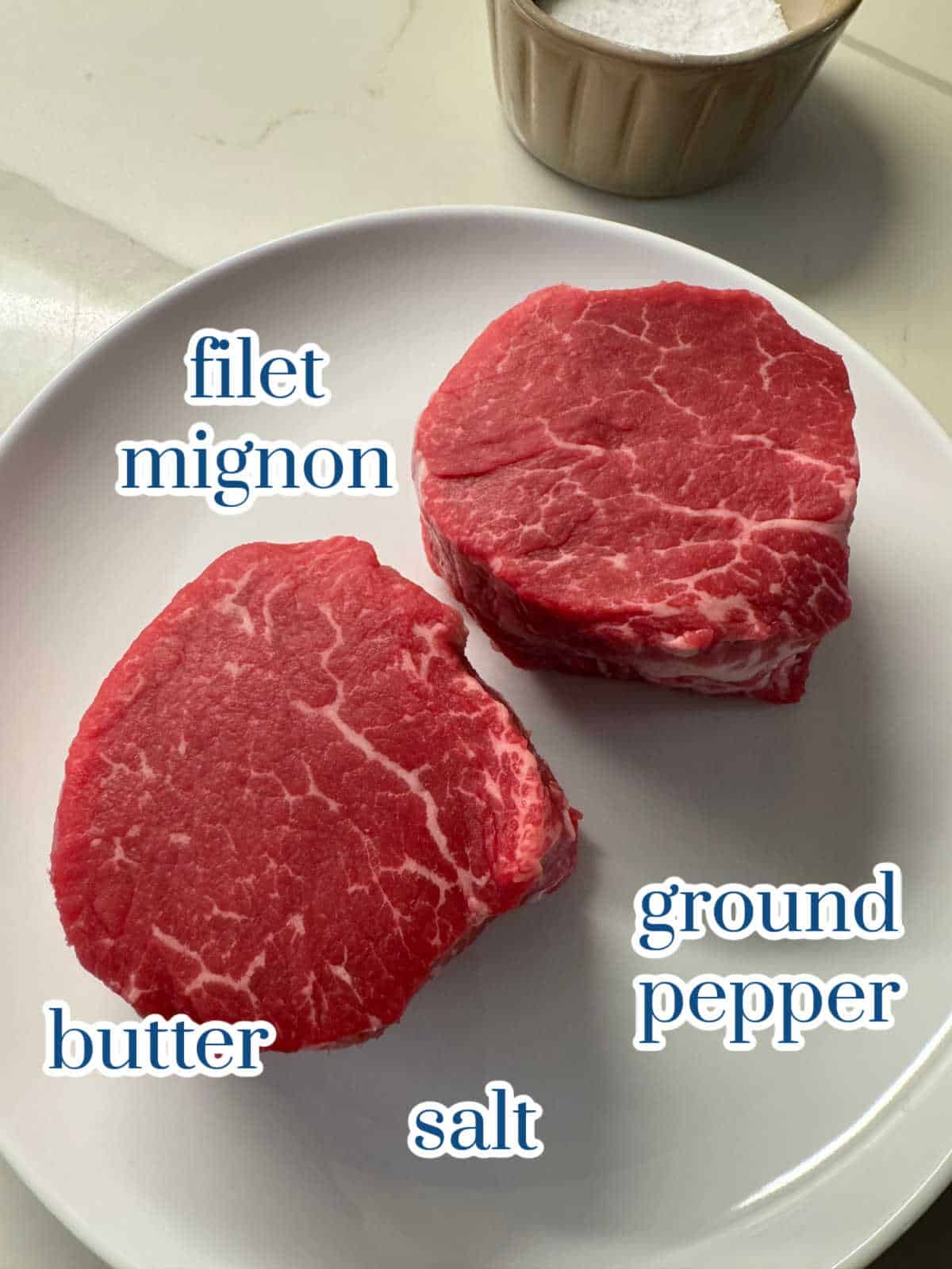Individual ingredients for filet mignon recipe.