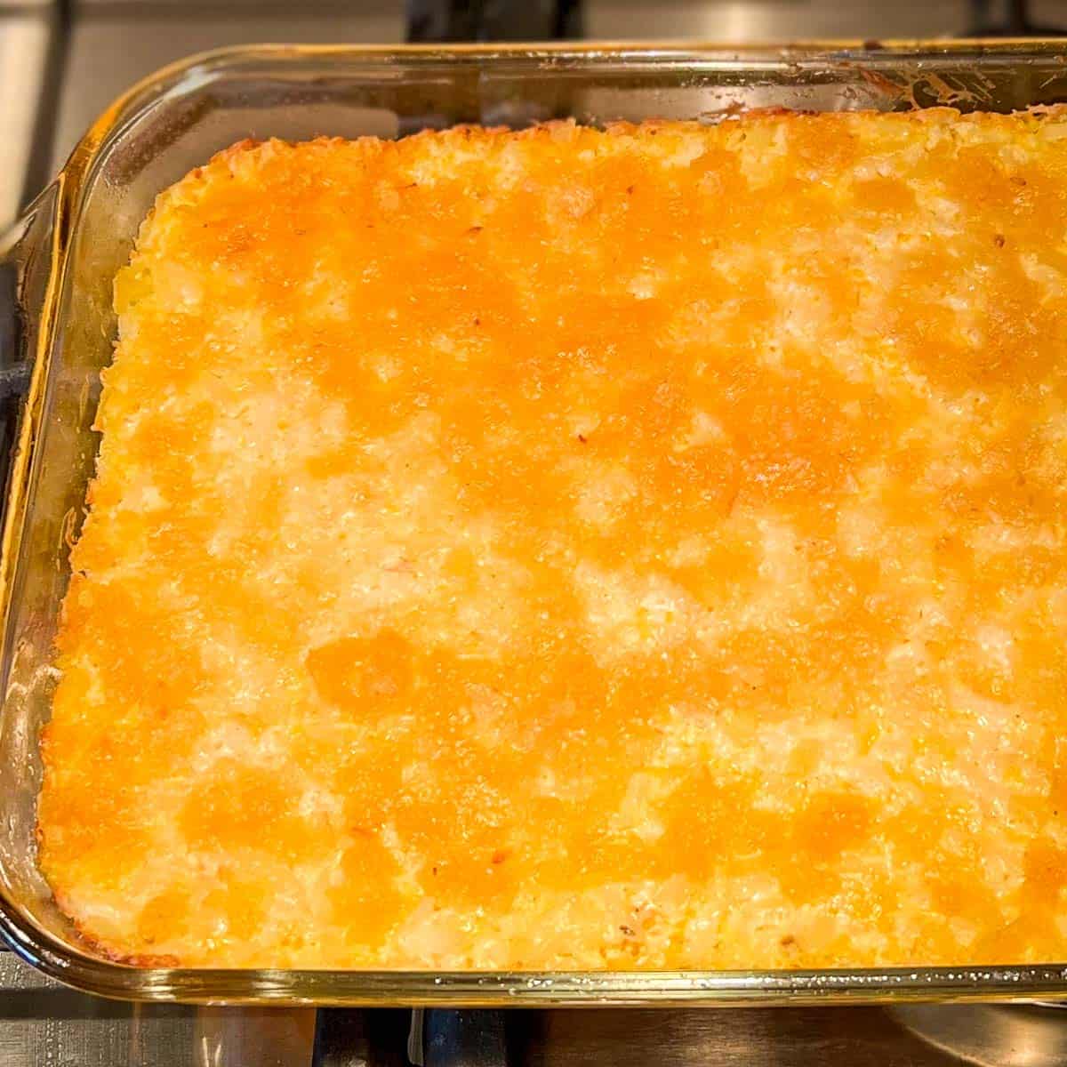 A pan of Cheesy Hashbrown Casserole.