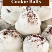 No Bake Oreo Balls dipped in white chocolate and sprinkles with title banner across top of image.