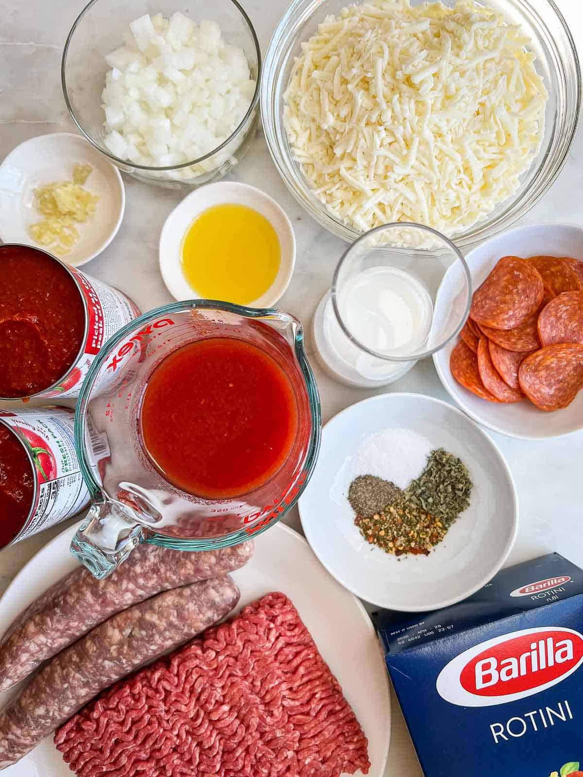 Individual ingredients for Easy Pizza Casserole Recipe.