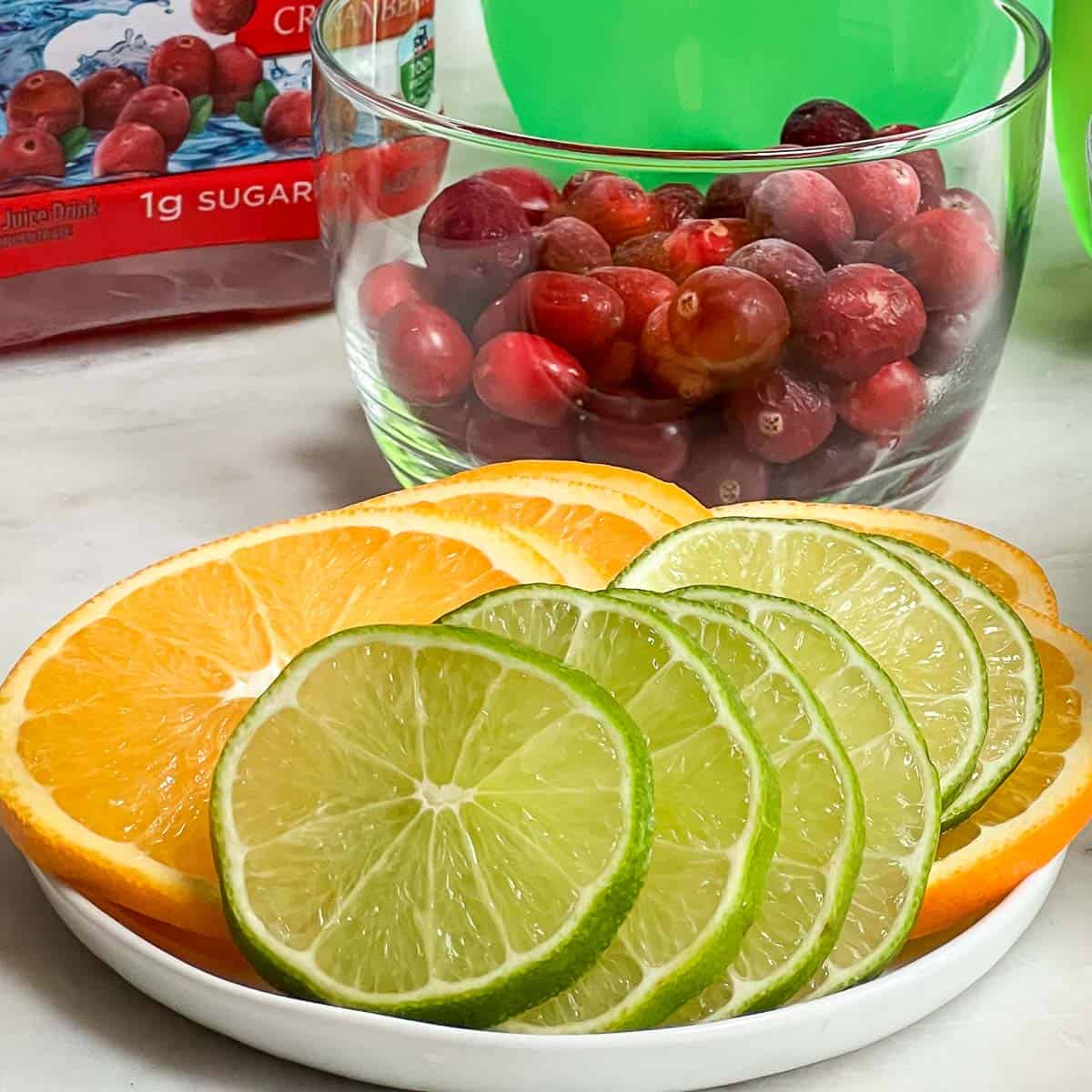 Lime and orange slices fanned out on a small white plate with a clear glass bowl full of bright red fresh cranberries.