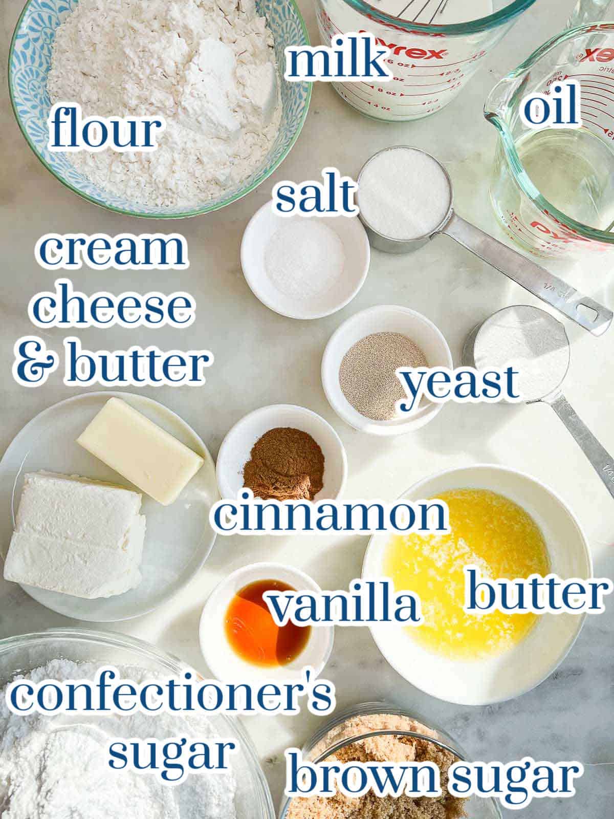 Individual ingredients for homemade cinnamon rolls recipe.