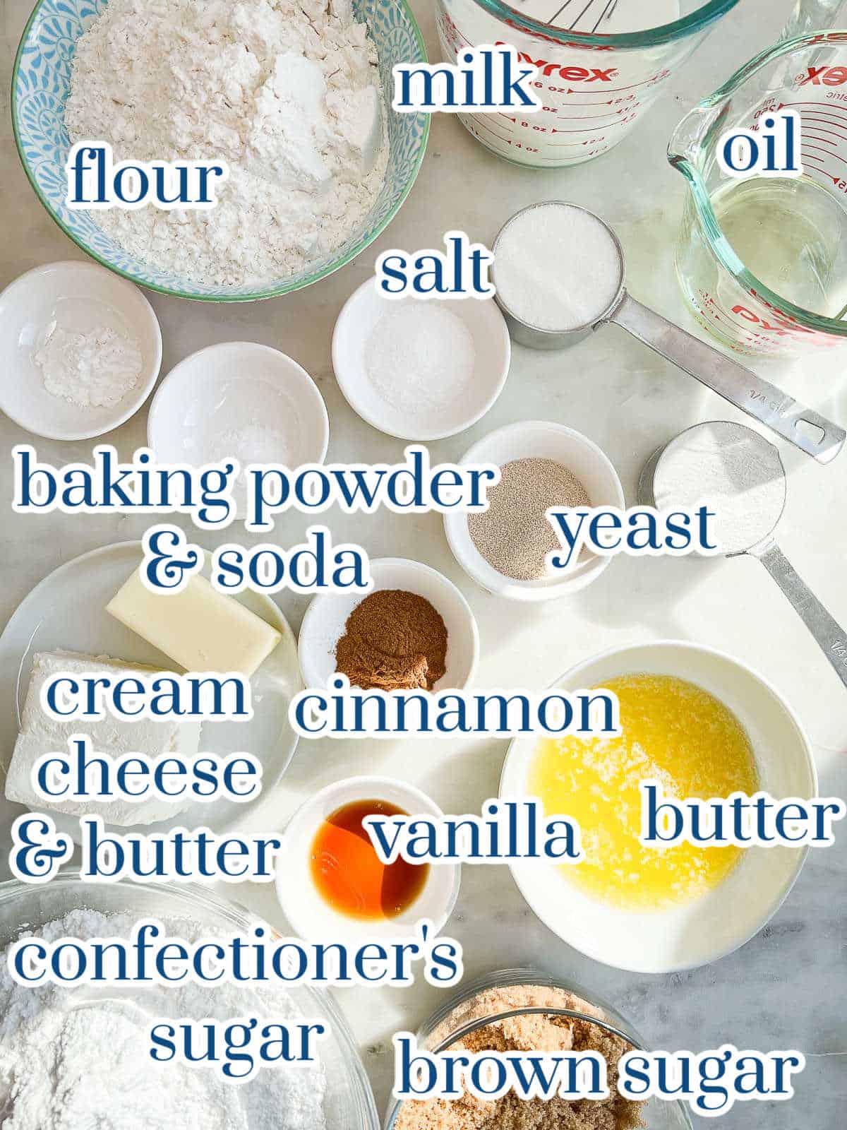 Individual ingredients for Old Fashioned Cinnamon Rolls.
