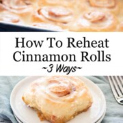 Top image is of a pan of cinnamon rolls, then title banner, then bottom image is of an individual cinnamon roll.
