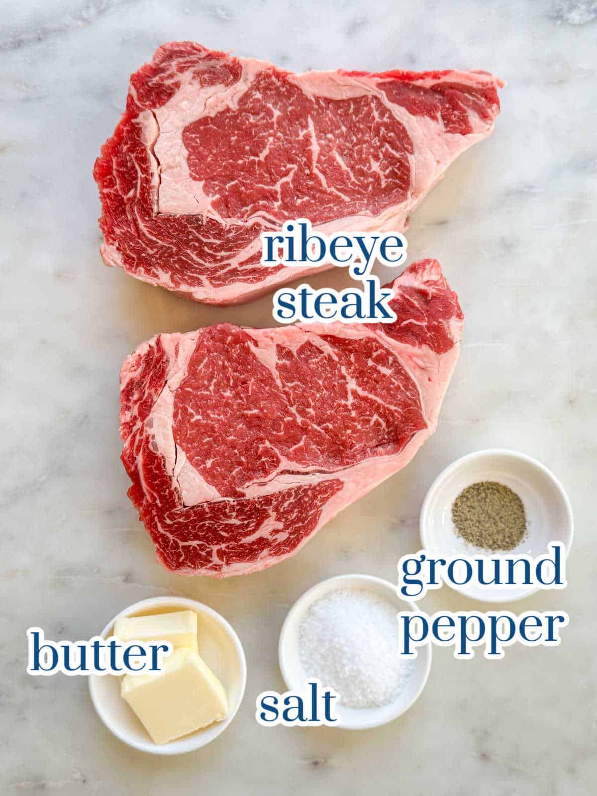Individual ingredients for grilled ribeye steak recipe.