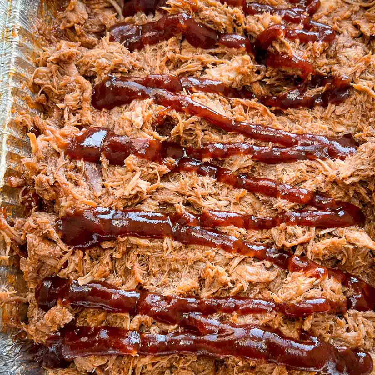 Perfect pulled pork with BBQ sauce on top.