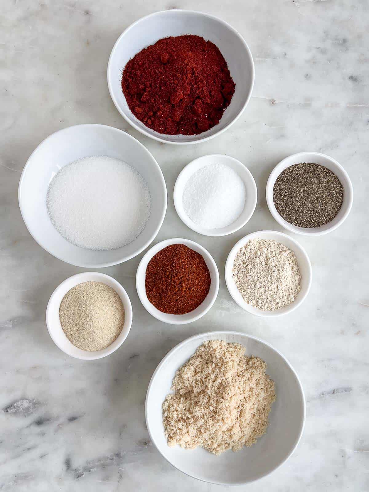 Individual ingredients for the best dry rub for ribs recipe.