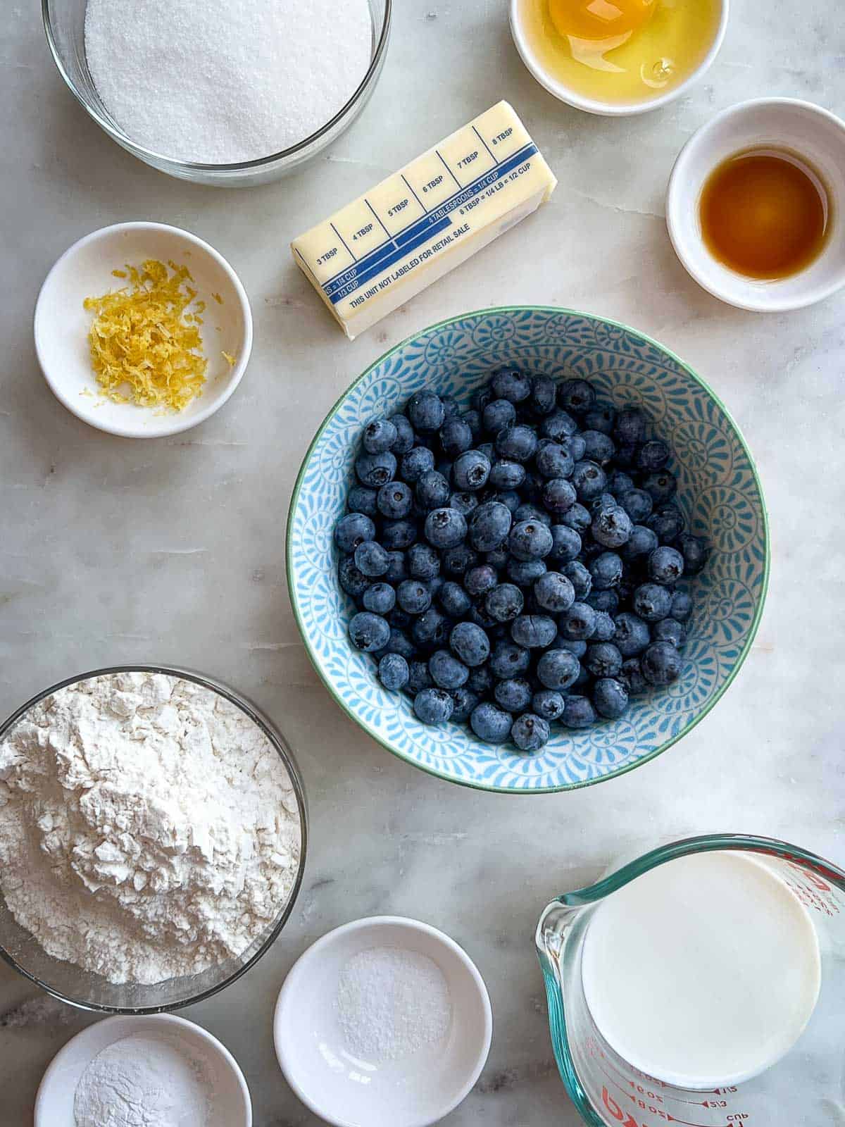 Individual ingredients for blueberry buckle recipe.