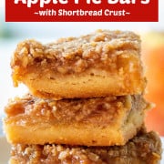 A stack of 3 apple pie bars with a red title banner overhead.