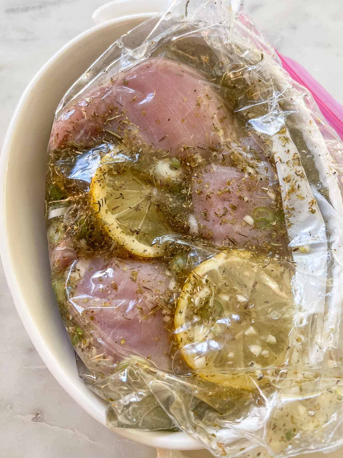 Chicken marinade Ingredients inside a zipper bag.