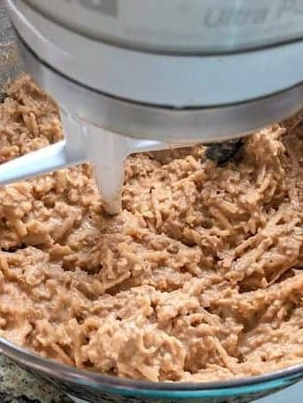 Apple batter inside of Kitchenaid mixing bowl
