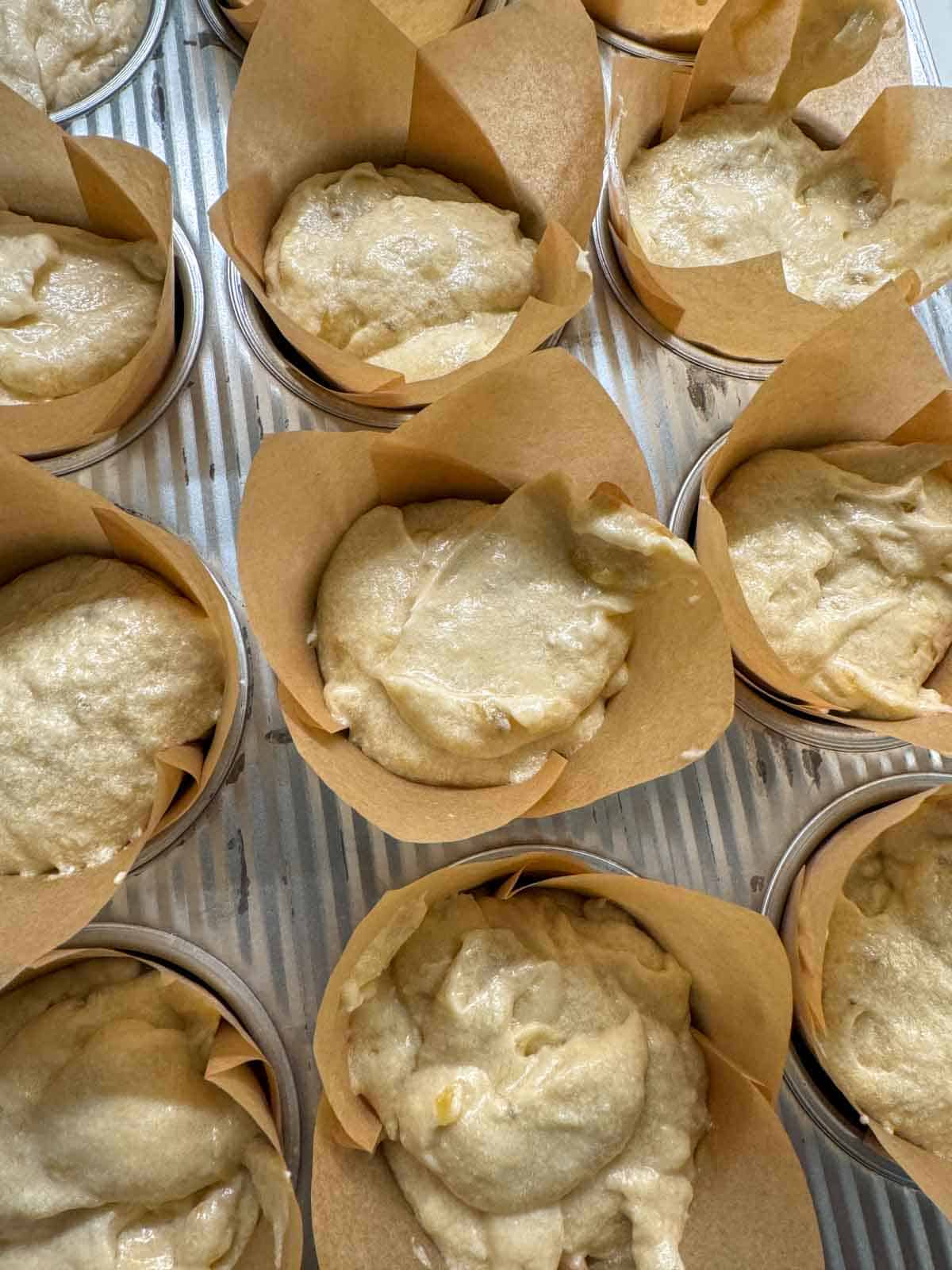 Banana muffin batter in a muffin tins.