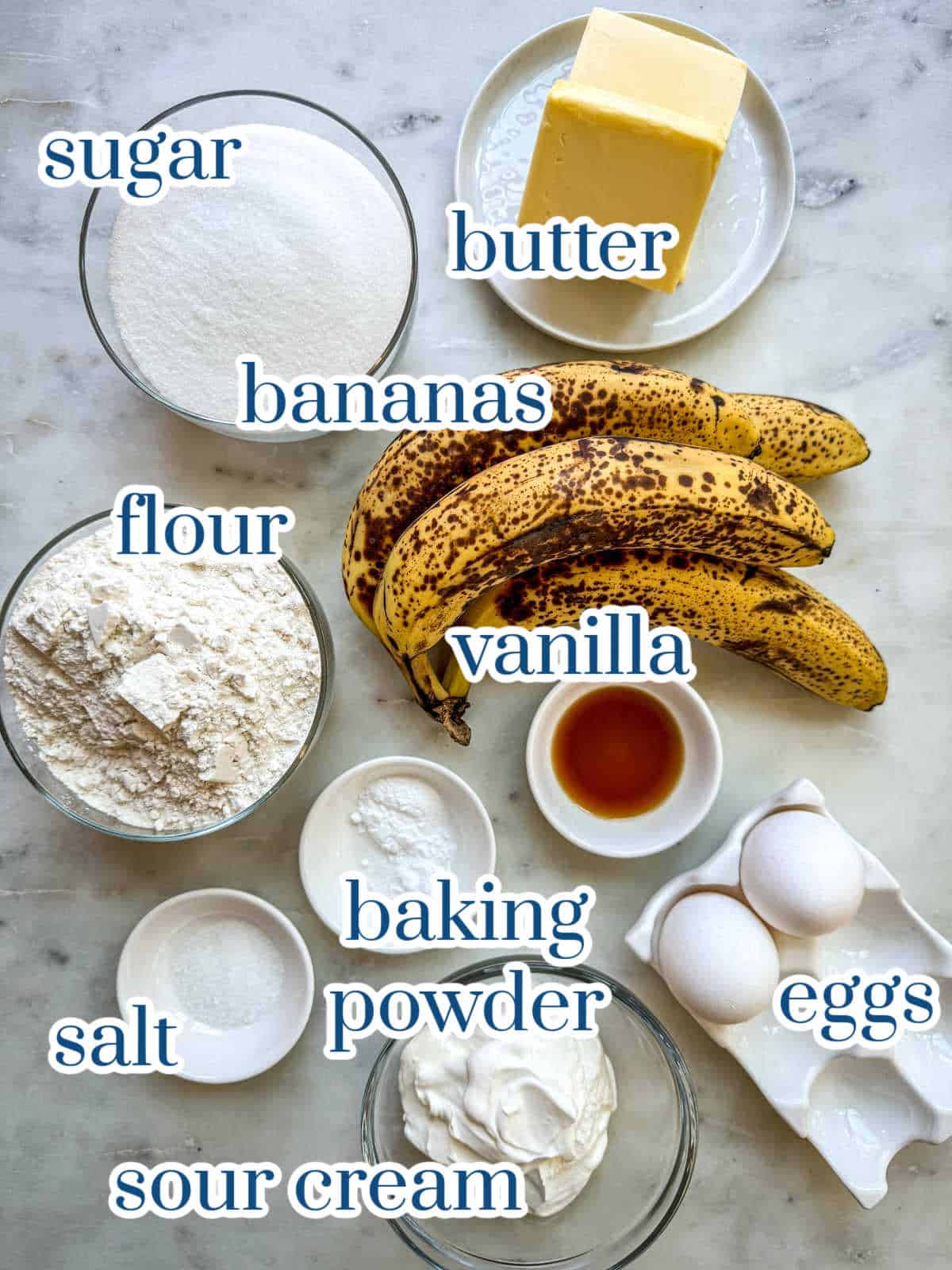 Individual ingredients for banana muffins.