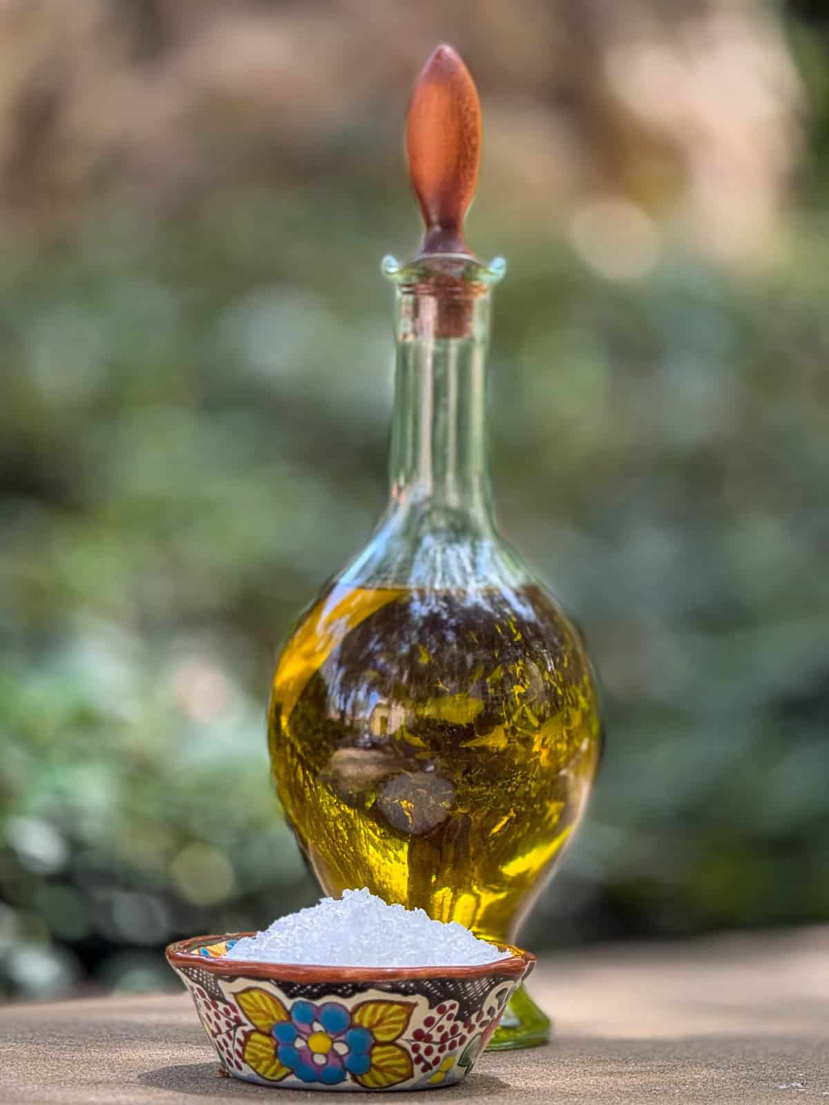 Olive oil and sea salt for homemade focaccia bread recipe.