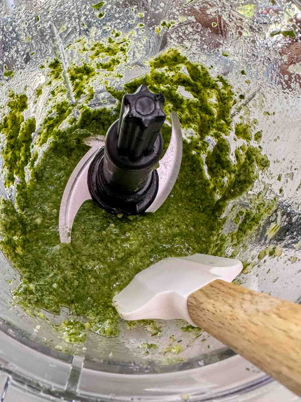 Blended pesto shown still inside the blender with a rubber spatula to scrape down the sides.