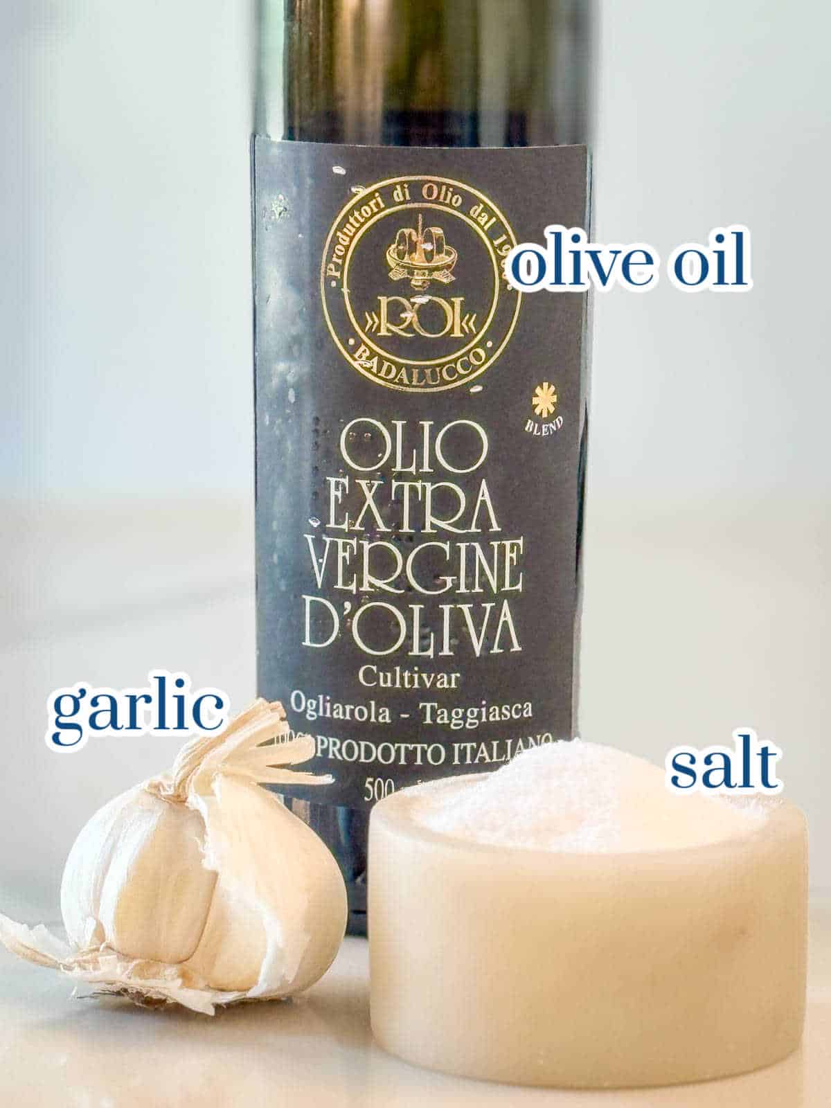 Individual ingredients for our super easy homemade garlic oil recipe.