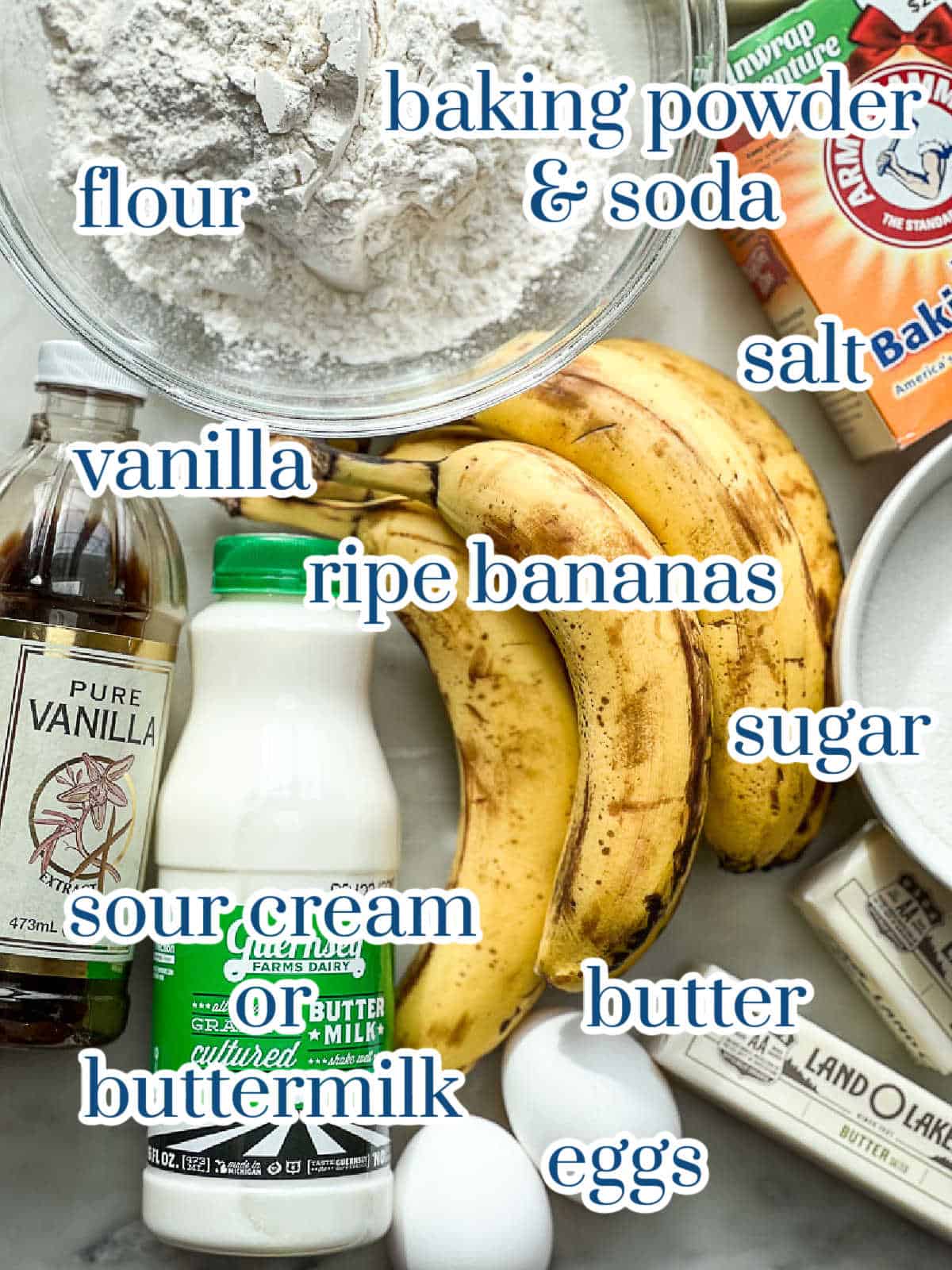 Individual Ingredients for banana bread.