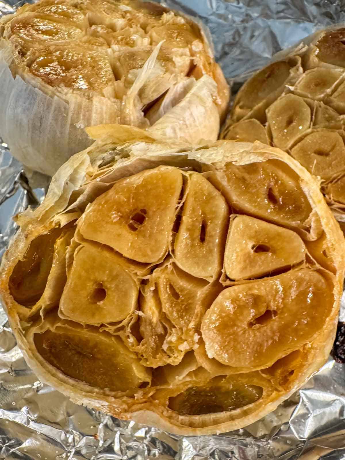 Overhead shot of roasted garlic.