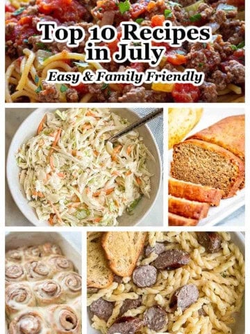 Image collage with title banner showing top recipes for July on Seanna's Kitchen.