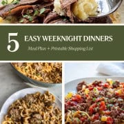 Easy weeknight meal prep shopping list graphic with 5 dinners and tips to save time.”