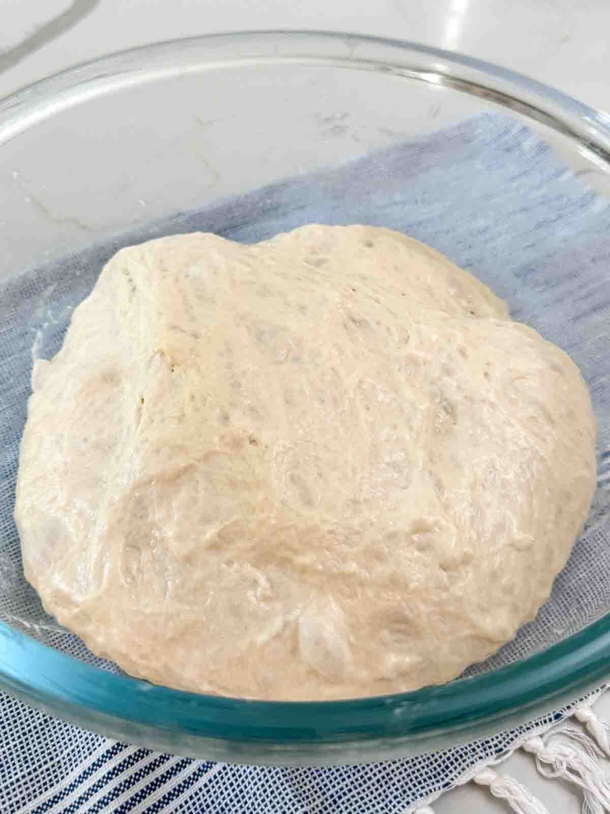 Homemade pizza dough risen to doubled in size in a bowl,