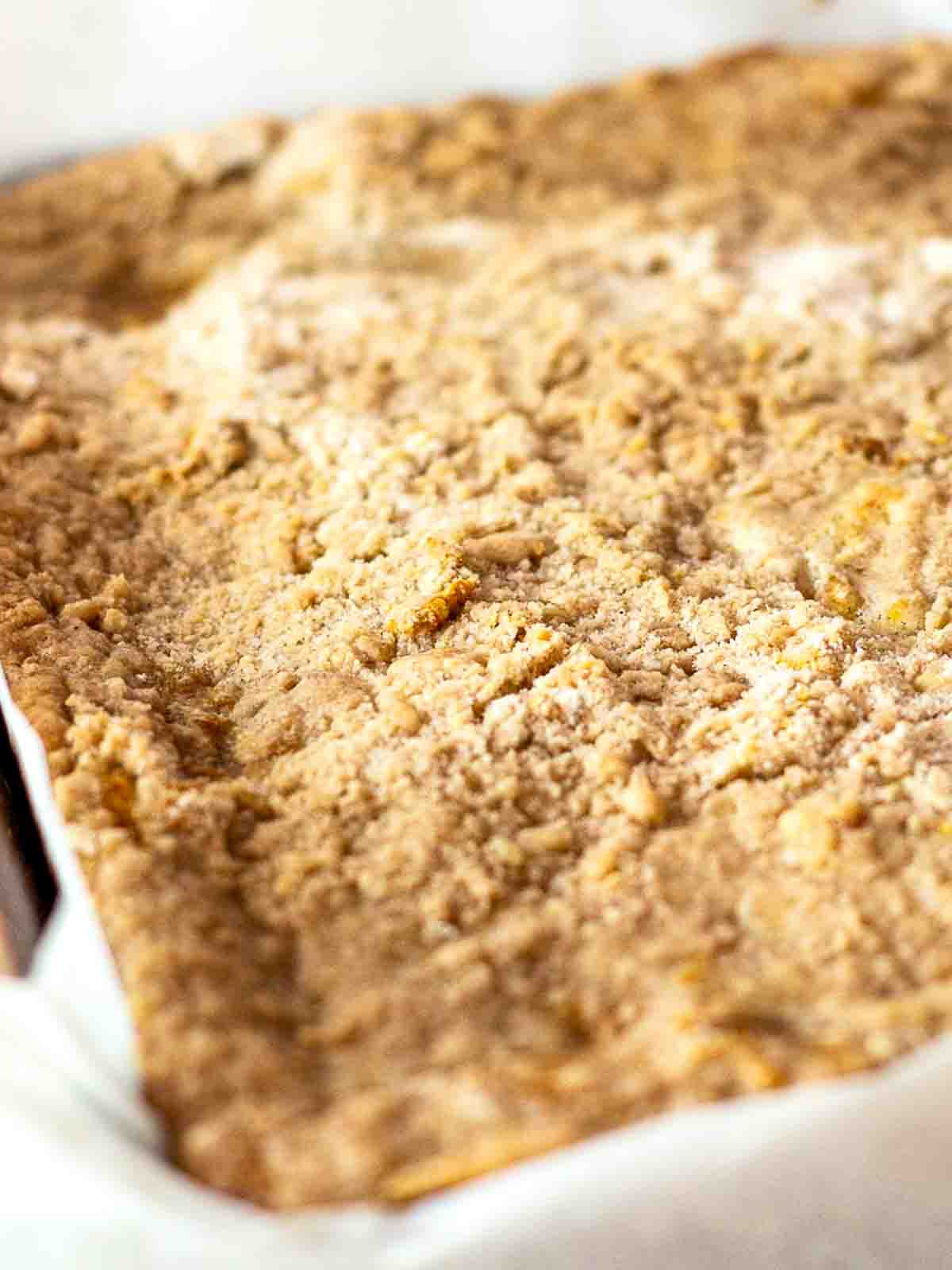 Freshly baked pan of Williams Sonoma pumpkin bars in a 9x13 dish - golden brown crumb topping with visible cracks and set pumpkin filling underneath.