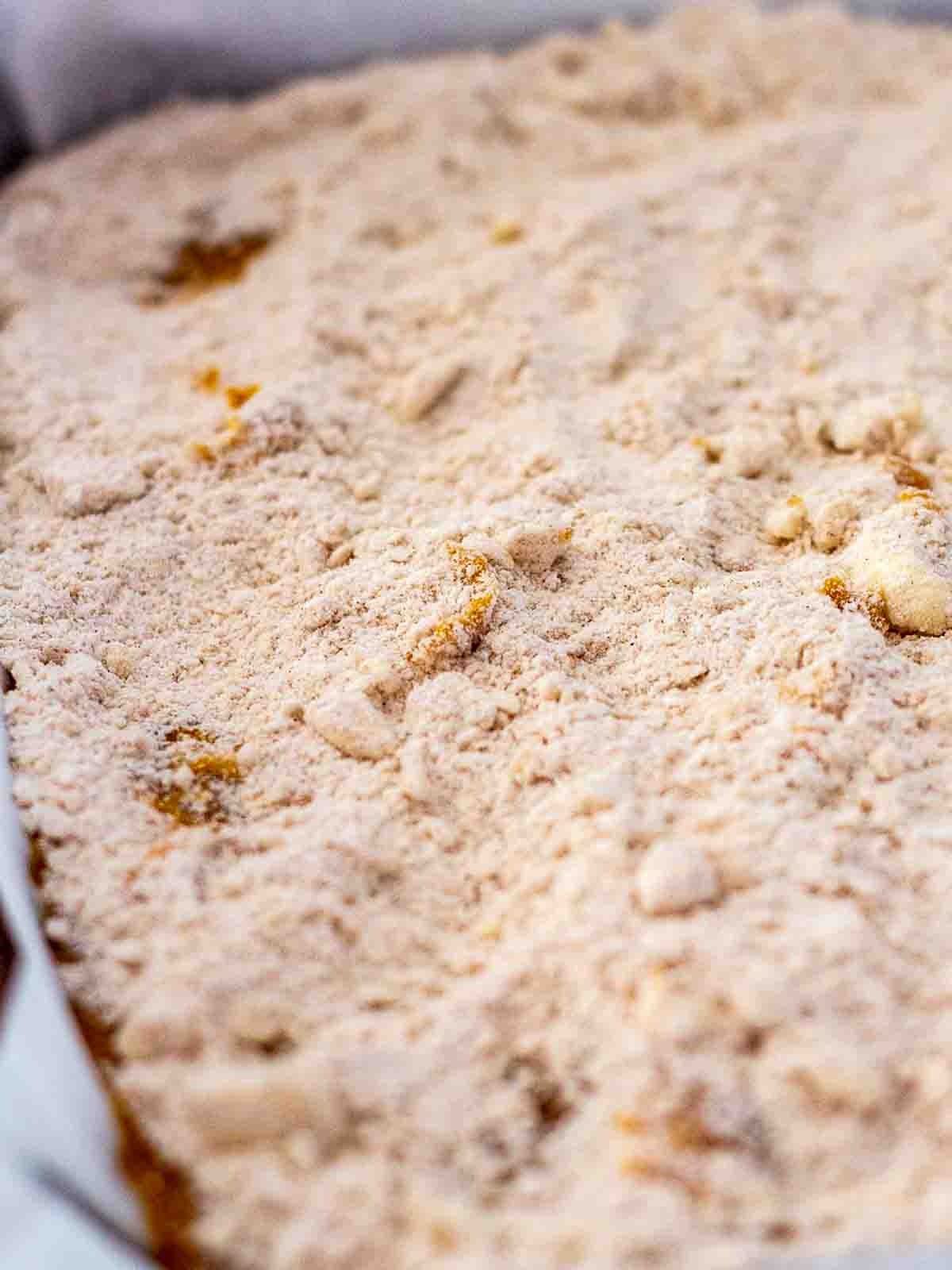 Unbaked pan of Williams Sonoma pumpkin bars in a 9x13 dish ready for the oven.