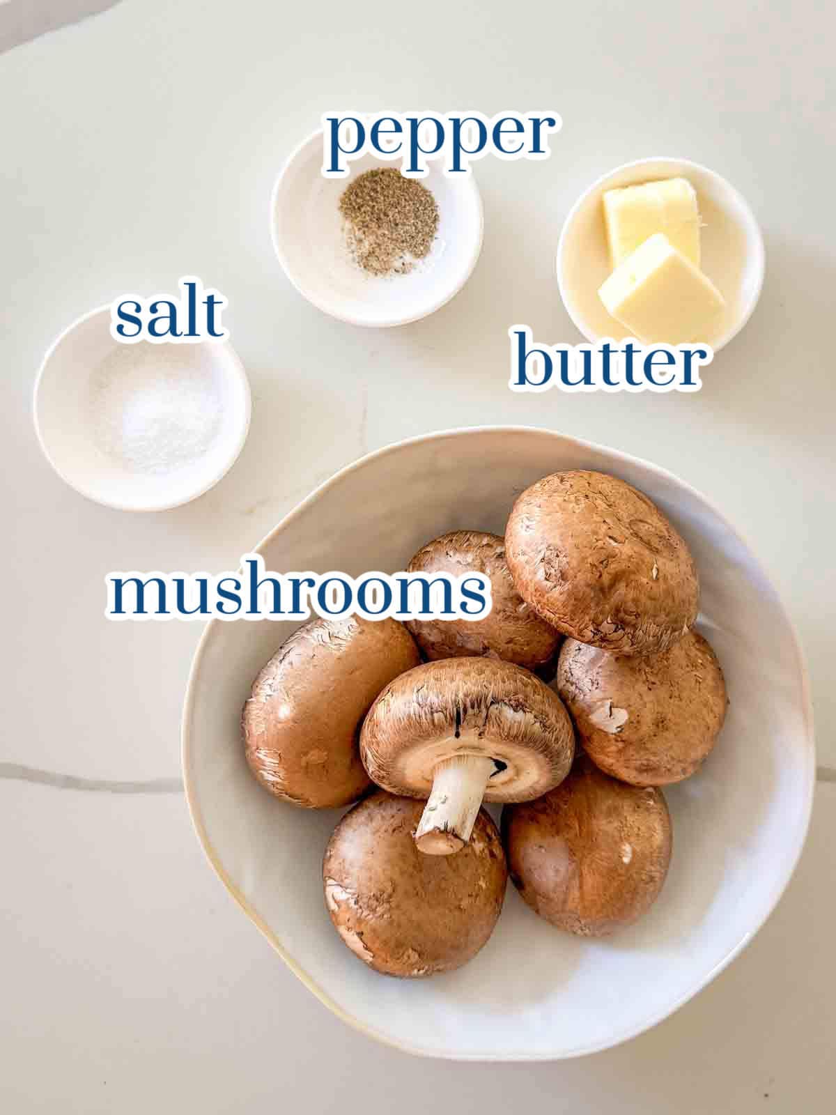 Individual ingredients for a Simple Sauteed Mushrooms Recipe.