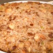 Baked bread stuffing with a golden, lightly crisp top.