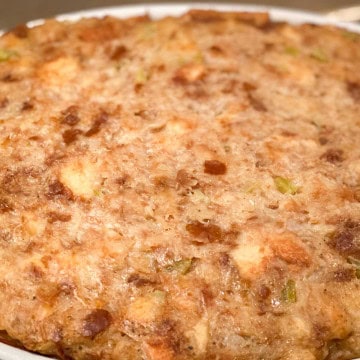 Baked bread stuffing with a golden, lightly crisp top.