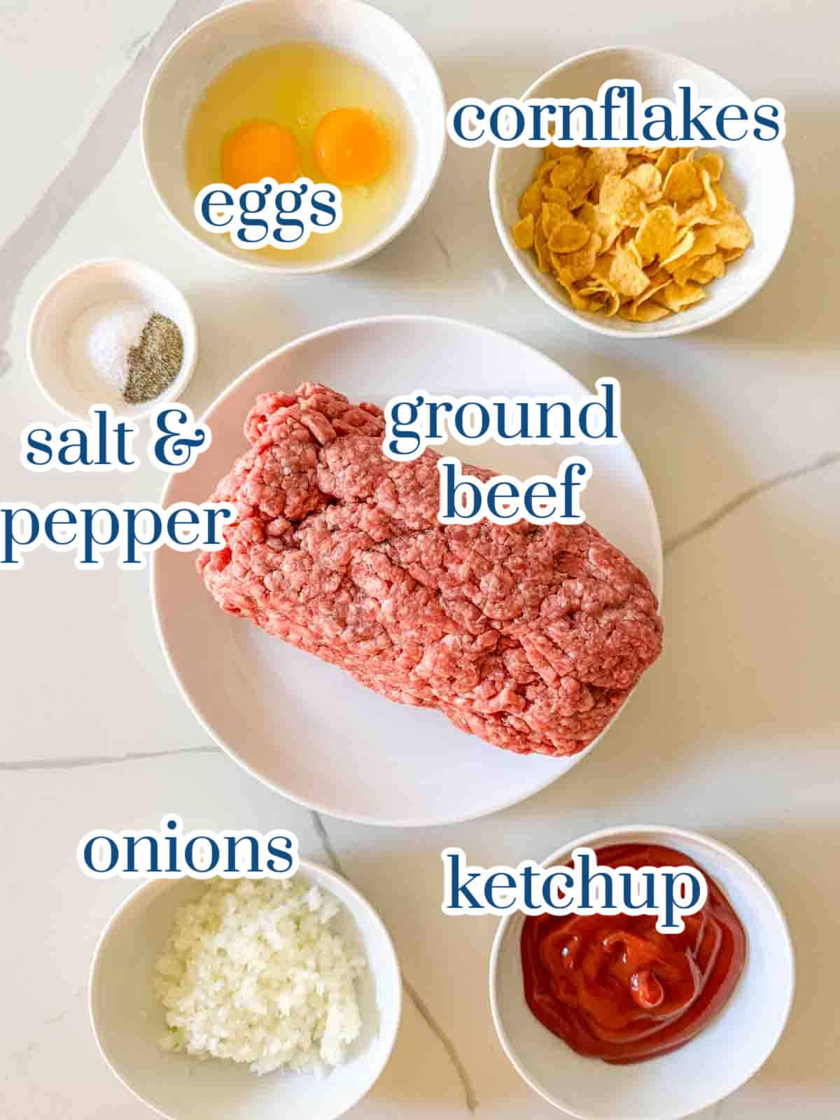 Individual ingredients for the Best Meatloaf with ketchup and cornflakes.