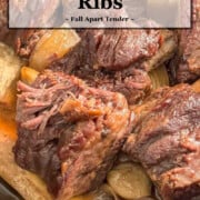 Braised short ribs are cooked until fall-apart tender and served with rich pan juices.