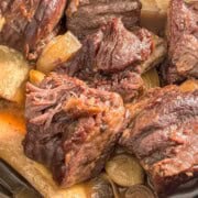 Braised short ribs served in a Dutch oven with rich pan juices.