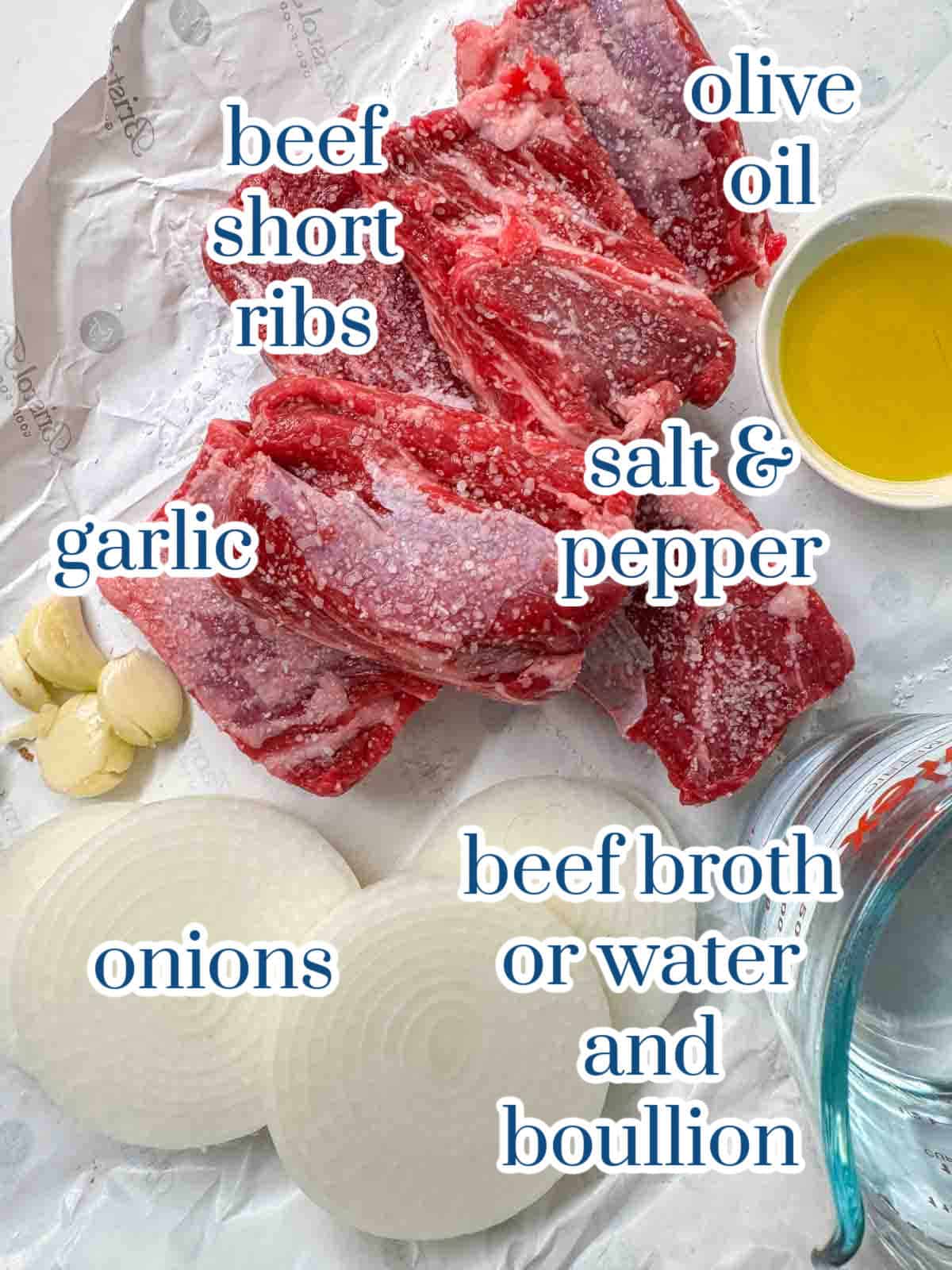 Individual labeled ingredients for braised short ribs recipe.