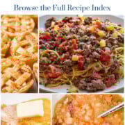 Vertical Pinterest collage for Seanna’s Kitchen Recipe Index featuring grilled ribeye steak, cornbread with butter, cheesy potato soup, Swedish meatballs, banana bread, coleslaw, chili, and cherry pie bars with the text “Browse the Full Recipe Index – Simple, Tasty, Family-Friendly Recipes.”