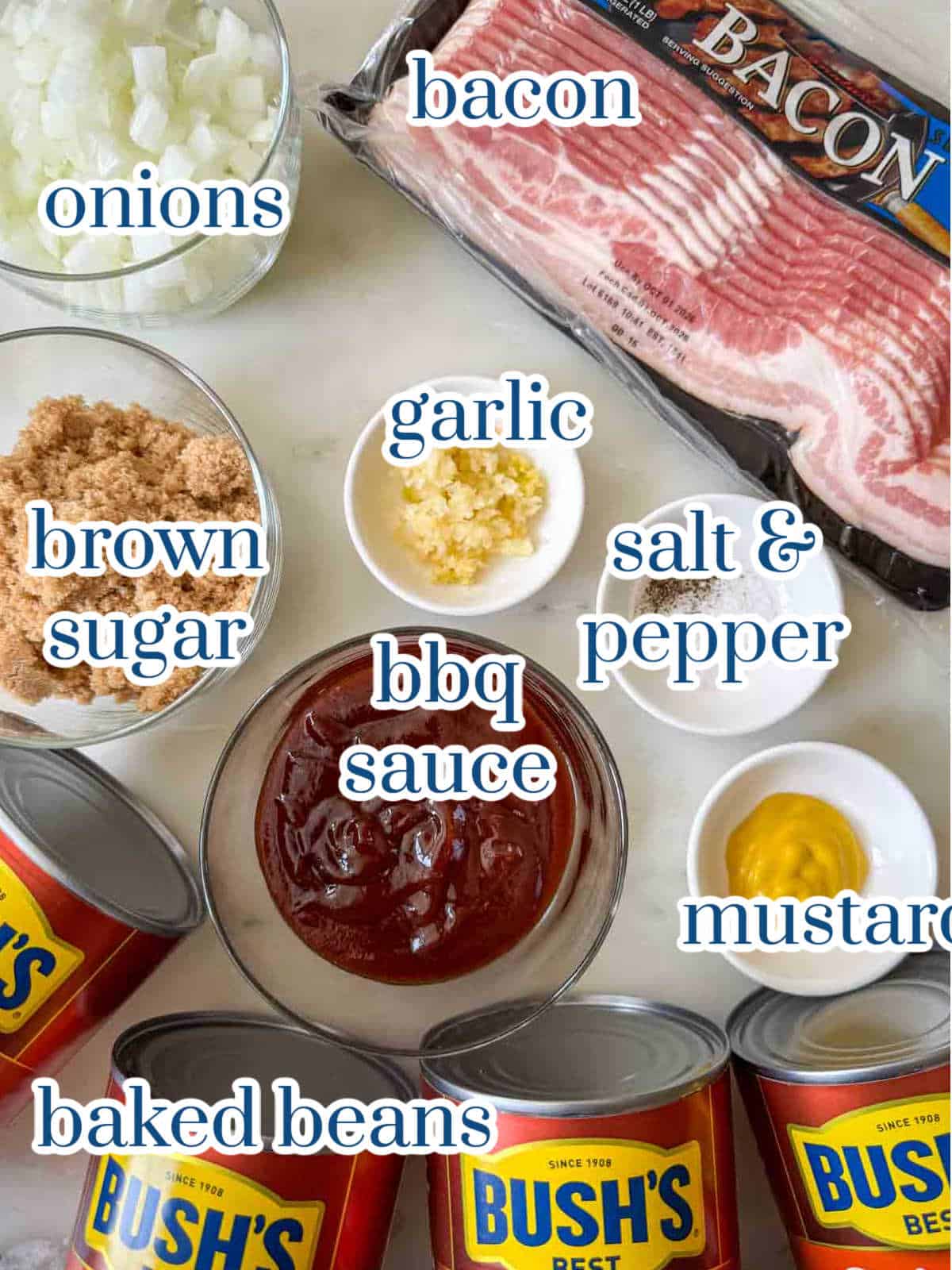 Individual ingredients for homemade baked beans recipe.